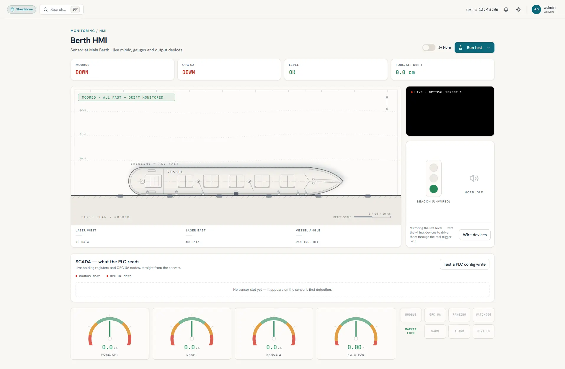 DriftScout operator console showing the vessel overview, live video, drift gauges and equipment status.
