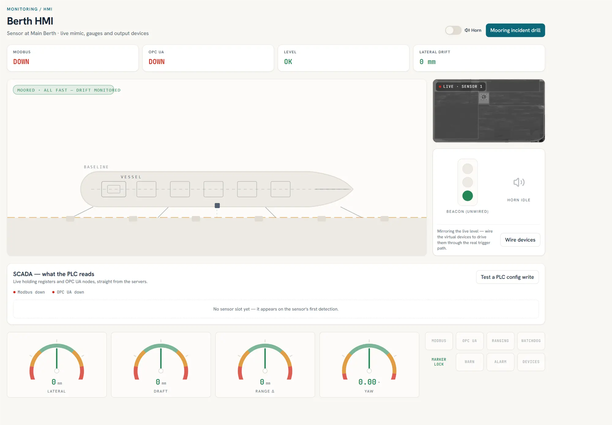 DriftScout operator console showing the vessel overview, live video, drift gauges and equipment status.