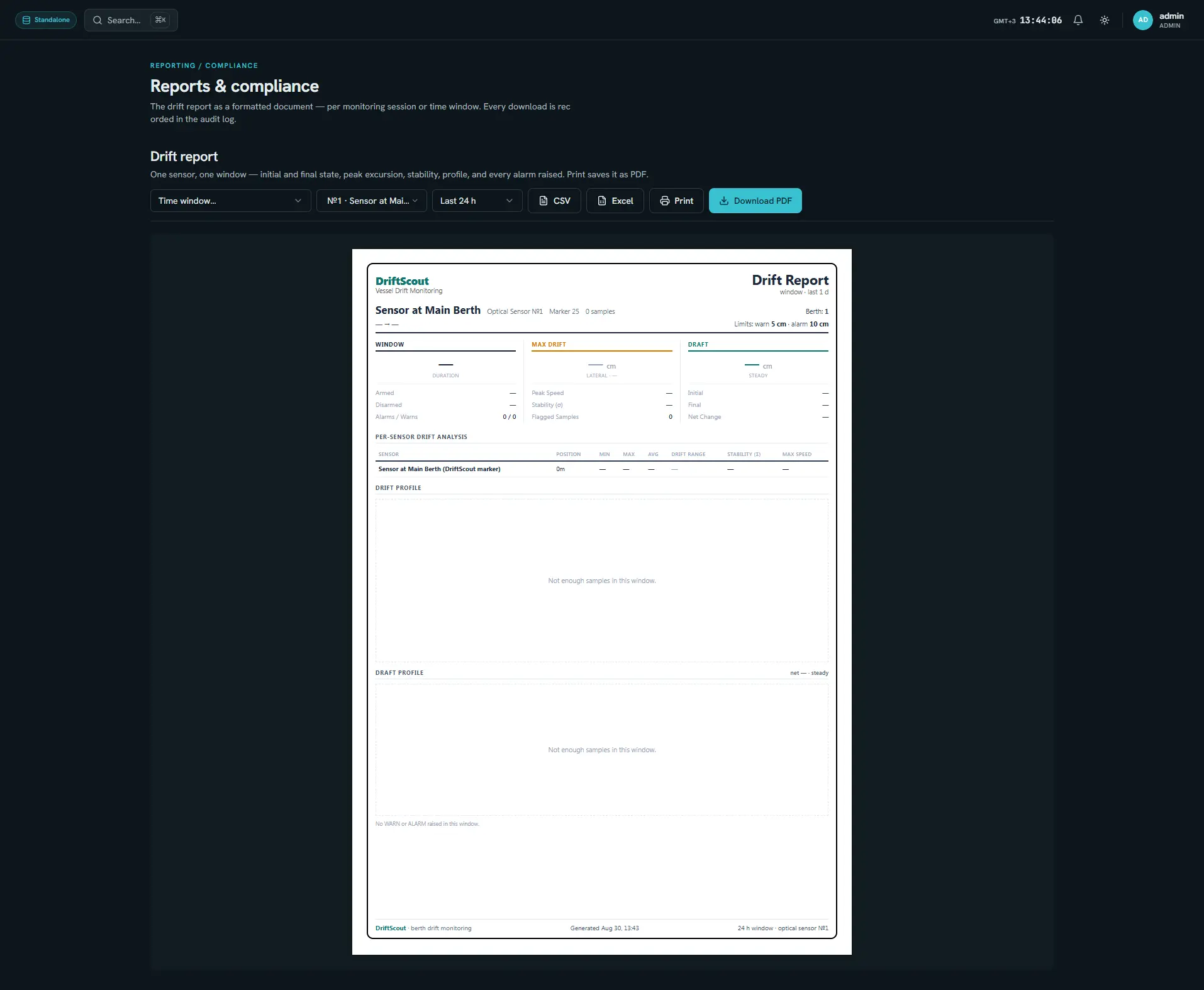 DriftScout reporting workspace with drift reports, alarm history and audit-log exports.