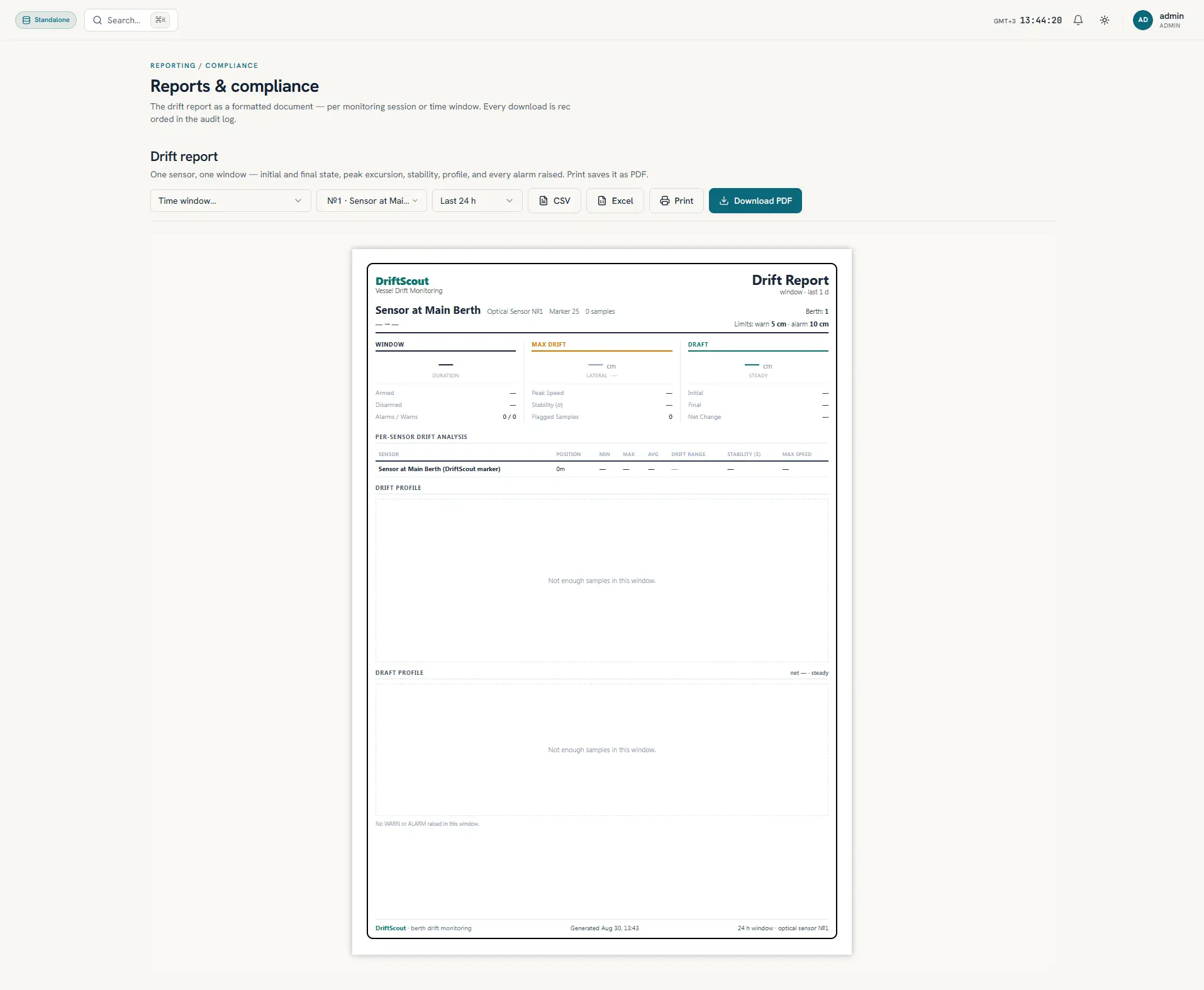 DriftScout reporting workspace with drift reports, alarm history and audit-log exports.