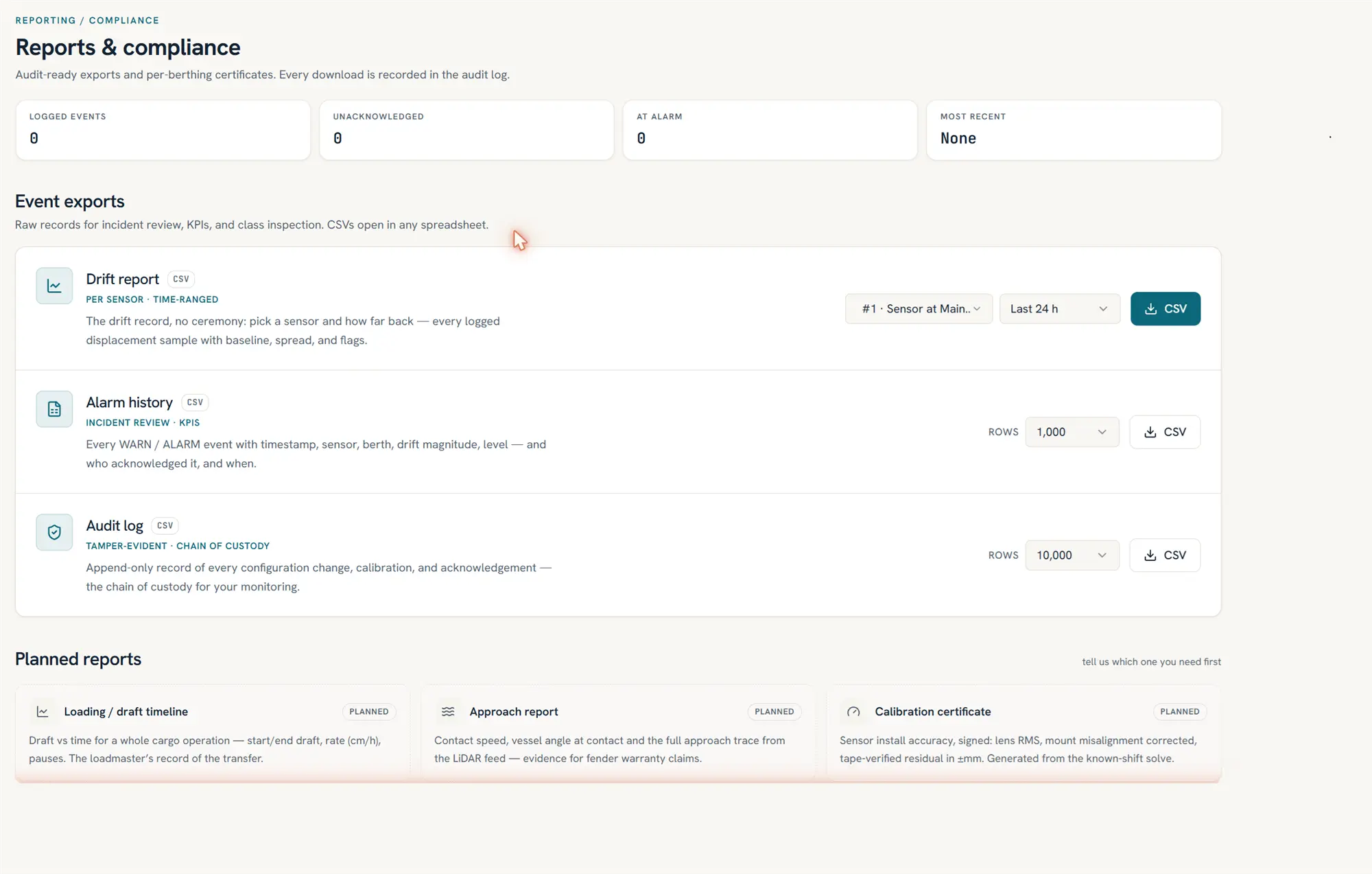 DriftScout reporting workspace with drift reports, alarm history and audit-log exports.