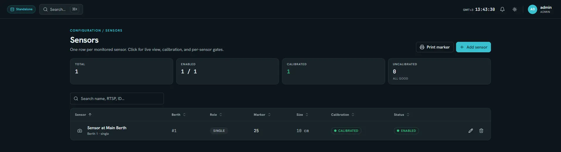 DriftScout sensor configuration screen showing the registered sensor, calibration state and operating status.