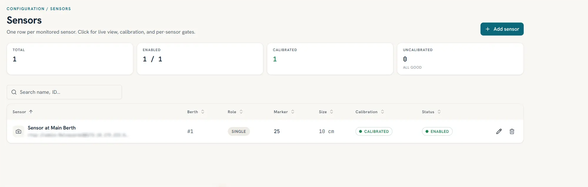 DriftScout sensor configuration screen showing the registered sensor, calibration state and operating status.