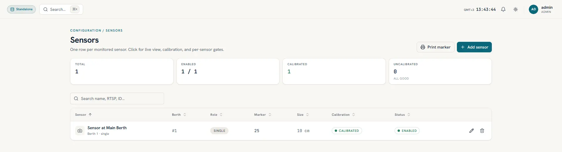 DriftScout sensor configuration screen showing the registered sensor, calibration state and operating status.